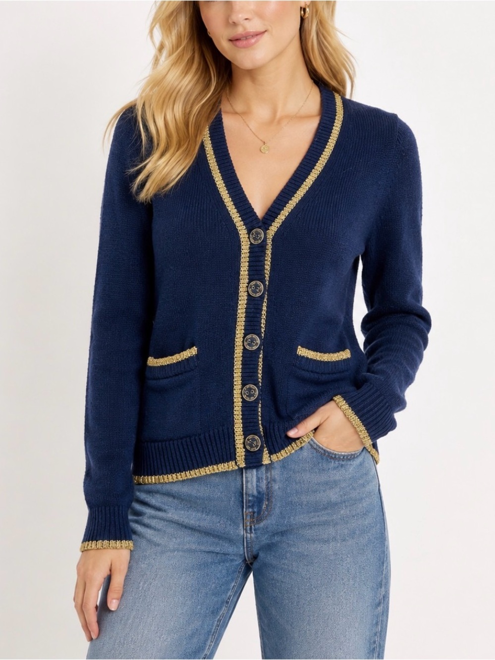 Juicy Couture 2011 Navy Gold Metallic Trim Wool Cardigan Sweater Petite P